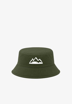 Dark green bucket hat with a white mountain range graphic centered on the front, featuring stitched brim and side ventilation holes.