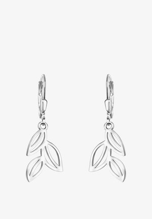 Boucles d'oreilles pendantes en argent avec trois formes de feuilles ajourées suspendues à des fermoirs à levier.
