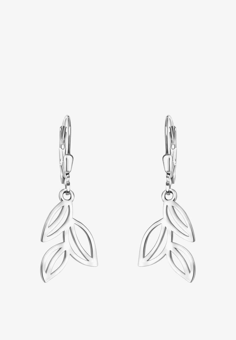 Boucles d'oreilles pendantes en argent avec trois formes de feuilles ajourées suspendues à des fermoirs à levier.