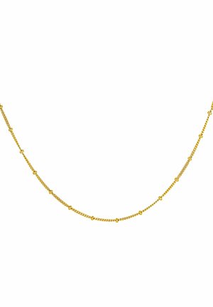 Collar de cadena de oro con un diseño delicado que alterna pequeñas cuentas y eslabones, textura suave y un brillo radiante.