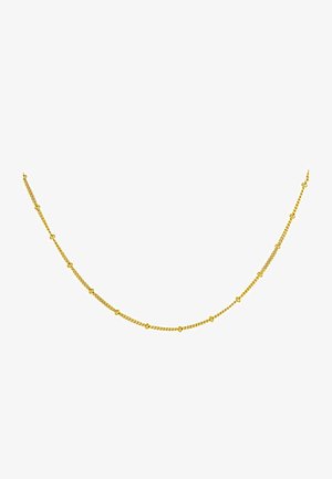 Collar de cadena de oro con un diseño delicado que alterna pequeñas cuentas y eslabones, textura suave y un brillo radiante.