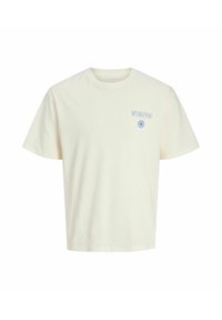 T-shirt color panna a maniche corte con scritta blu "MYKONOS" e disegno circolare sul petto sinistro, scollo tondo, sfondo uniforme.