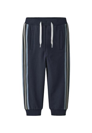 Pantalons de survêtement marine avec taille élastique et cordon blanc. Comprend des poches avant et des rayures verticales grises et bleues sur les côtés.