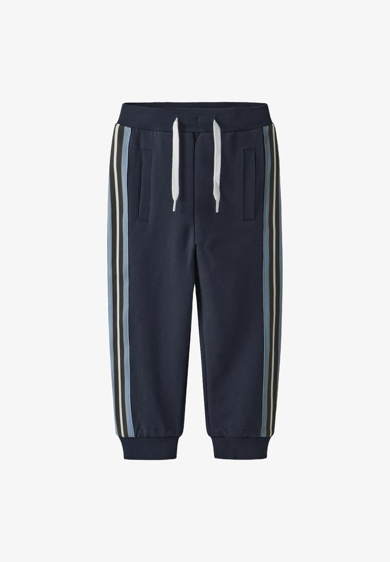 Mornarske trenirke s elastičnim pojasom i bijelim špagom. Imaju prednje džepove i vertikalne pruge u sivoj i plavoj boji sa strane.