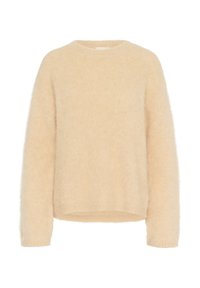 Helle beige, flauschige Pullover mit rundem Ausschnitt, fallenden Schultern und gerippten Bündchen. Weiche Textur und lockere Passform.