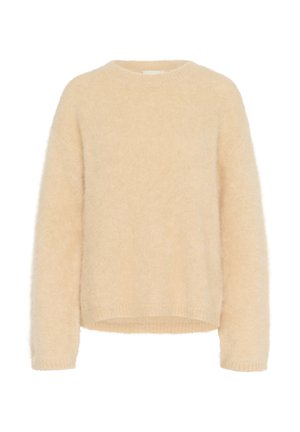 Helle beige, flauschige Pullover mit rundem Ausschnitt, fallenden Schultern und gerippten Bündchen. Weiche Textur und lockere Passform.
