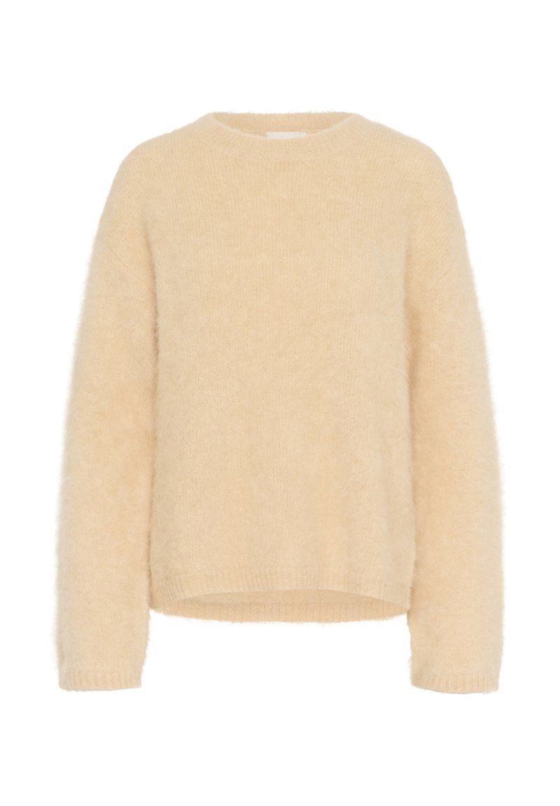 Hele beež kampsun, millel on ümmargune kaelus, pikad varrukad ja soonikkäär. Pehme tekstuur, veidi suurenenud lõige ja minimalistlik disain.