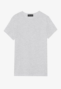 Gray short-sleeve T-shirt made of smooth fabric, featuring a classic crew neckline and a tag with the brand name "ANNA FIELD" at the collar.