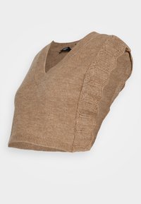 Suéter castanho cropped com decote em V e design texturizado em ondas ao longo do ombro. Material suave com um acabamento liso.