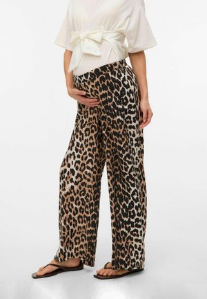Leopard print wide-leg pants with a high waistband, soft fabric, neutral tones, and a relaxed fit, paired with a casual white top and sandals.