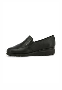 Scarpa nera in pelle con finitura liscia, punta arrotondata, tacco a zeppa basso e dettagli di cucitura discreti lungo le cuciture.