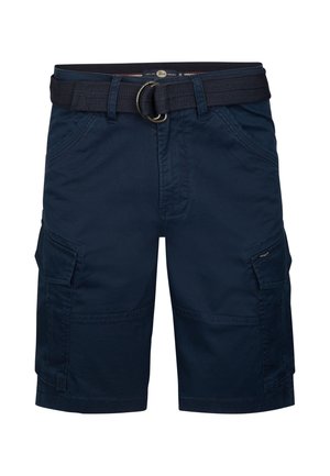 Shorts cargo bleu marine en tissu léger, dotés de multiples poches, d'une ceinture noire texturée avec une boucle en métal et de détails cousus.