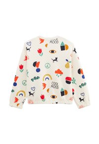 Sweatshirt matelassé en crème avec des motifs colorés de fleurs, d'animaux, de formes géométriques et de texte. Doté de poignets ajustés et d'un col rond.