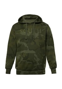 Felpa verde mimetica con cappuccio regolabile, tasca frontale a marsupio e testo stampato. Realizzata in tessuto morbido, presenta diverse tonalità di verde.