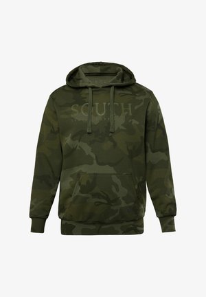 Zelená maskáčová mikina s kapucí na šňůrku, přední klokaní kapsou a potištěným textem. Vyrobena z měkké látky a nabízí různé odstíny zelené.