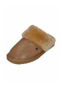 Bruine slipper met een glinsterende bovenkant, een pluche beige bontkraag en een zachte zool. Voorzien van een decoratief metalen logo aan de zijkant.
