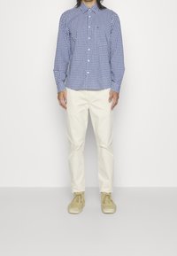 Geruite blauw-witte button-up shirt, crèmekleurige broek en lichtbruine suède schoenen. Het shirt heeft een klassieke kraag en lange mouwen.