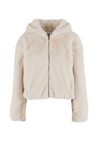 Cremfarbener Kunstfell-Cropped-Jacket mit Kapuze, Reißverschluss und elastischem Saum. Weiche Textur und lange Ärmel. Keine sichtbaren Muster.