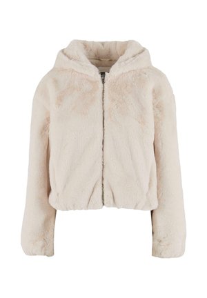 Cremefarvet faux fur cropped jakke med hætte, lynlåslukning og elastisk kant. Blød tekstur og lange ærmer. Ingen synlige mønstre.