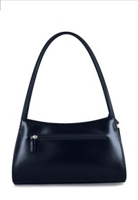 Zwarte leren handtas met een gebogen vorm, een enkele band en een voorvak met rits. Gladde textuur met subtiele stiksel details.