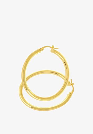 Zlate kovinske uhane v obliki obroča z gladko, polirano površino, ki imajo varen sponkovni zapiralo in krožno zasnovo.