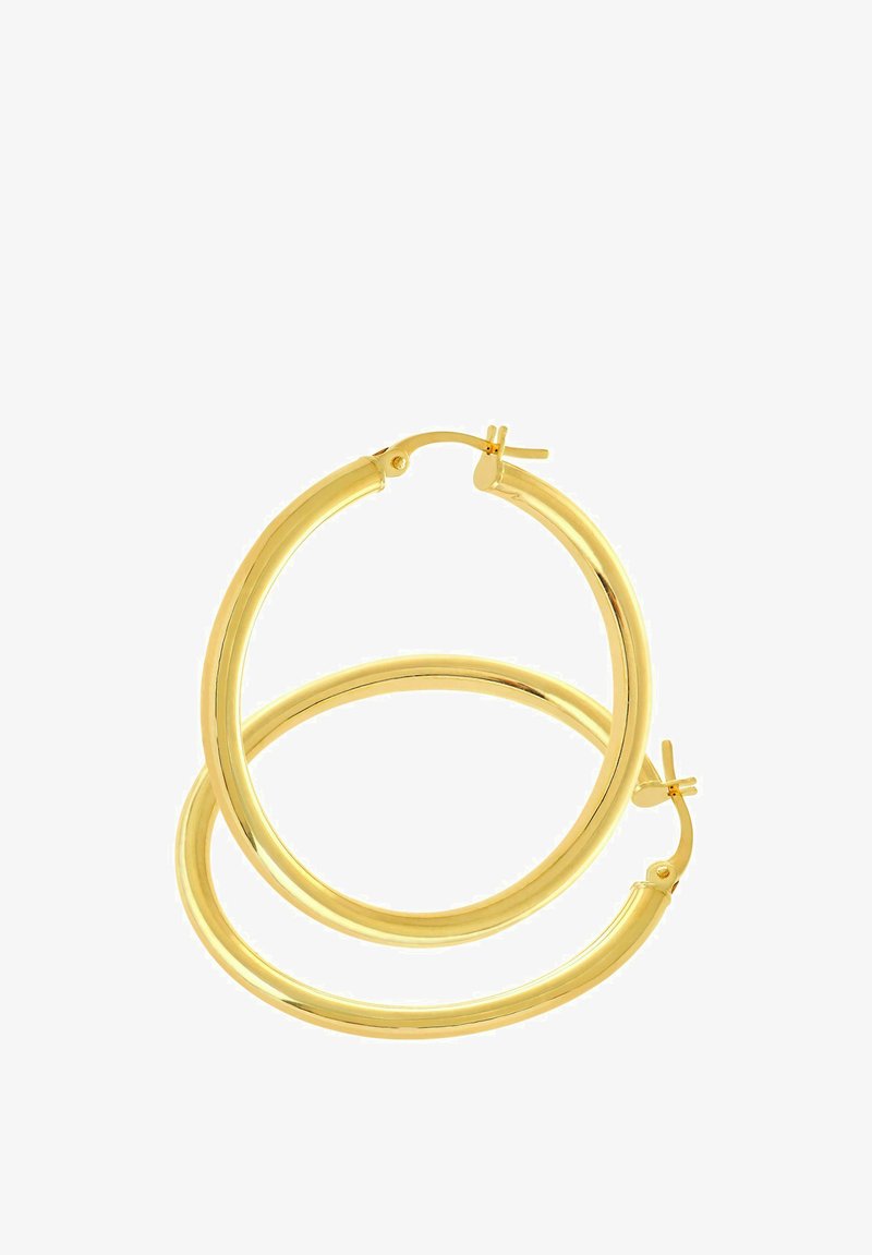 Guldtonede metal hoops med en glat, poleret overflade, udstyret med en sikker lukning og et cirkulært design.