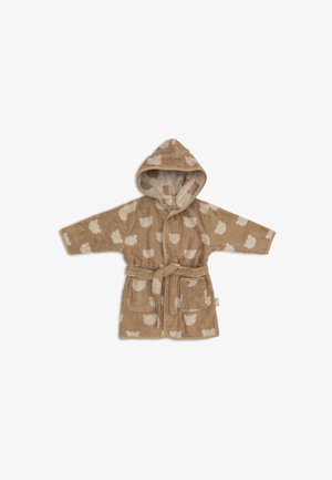 Peignoir à capuche pour enfants beige avec motifs de têtes d'ours blancs, deux poches frontales et ceinture à nouer à la taille.