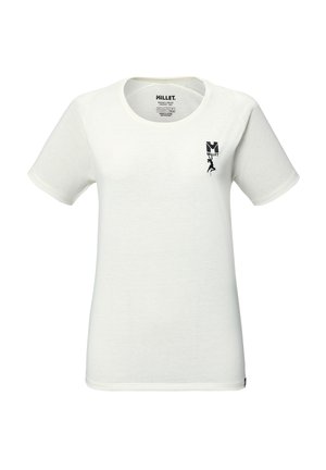 T-shirt blanc à manches courtes et col rond avec petit logo Millet noir et illustration d'alpiniste sur le côté gauche de la poitrine.