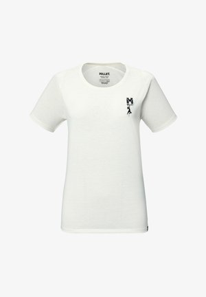 T-shirt blanc à manches courtes et col rond avec petit logo Millet noir et illustration d'alpiniste sur le côté gauche de la poitrine.