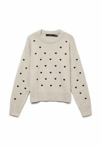 Pull en tricot gris clair avec un col rond, des épaules tombantes et des motifs de cœurs noirs répartis uniformément sur le tissu.