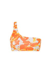 Jednoduchý bikiny top na jedno rameno s živou oranžovo-žltou kvetinovou potlačou na bielom základe. Vyrobené z elastickej, hladkej tkaniny.