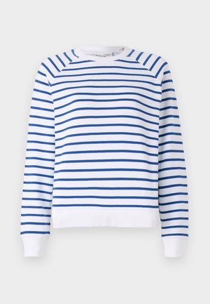 Witte sweatshirt met blauwe horizontale strepen, ronde halslijn en geribbelde manchetten. Gemaakt van een zachte katoenmix.
