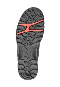 Suola nera della scarpa con scanalature profonde per la trazione, con accenti rossi e sezioni testurizzate contrassegnate con "RECEPTOR TECHNOLOGY" ed "ECCO."