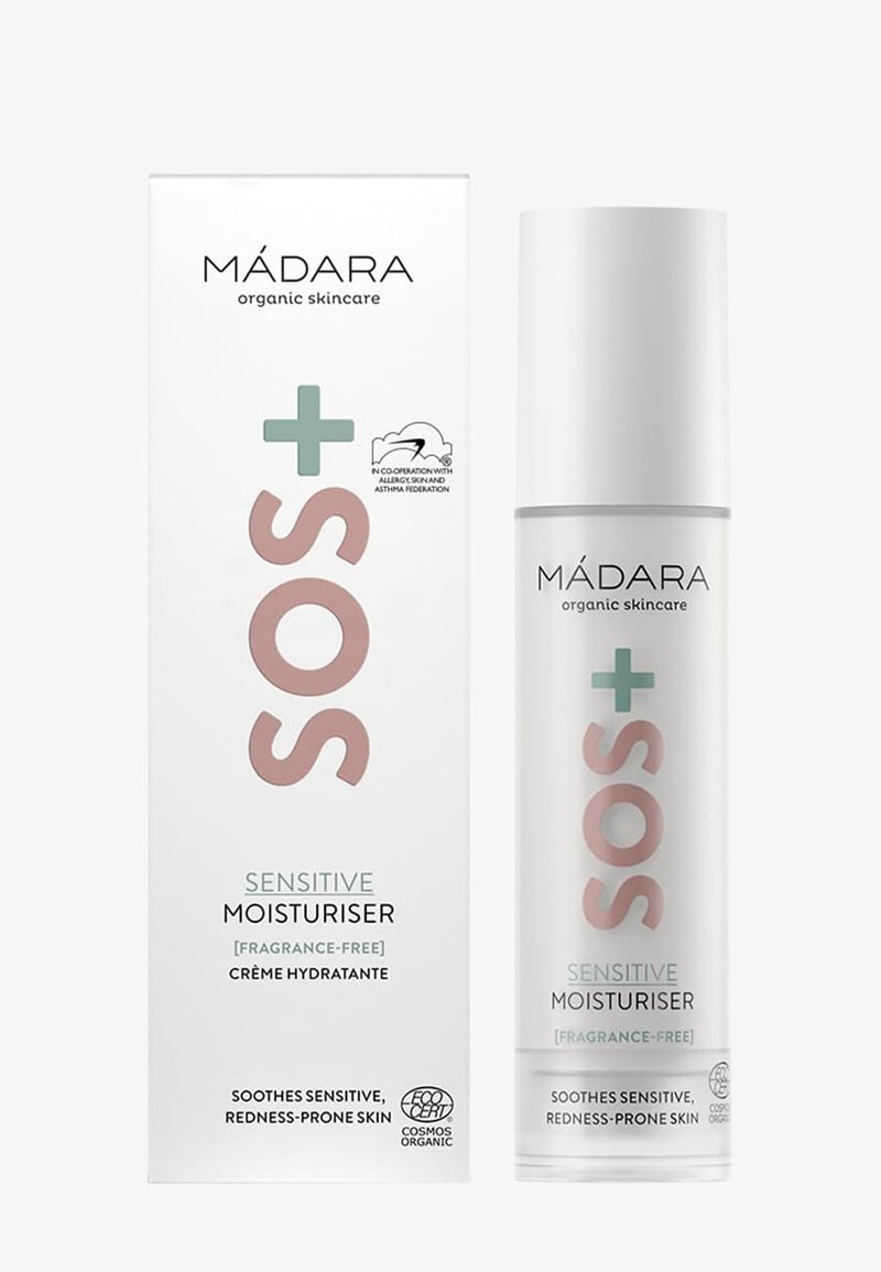 MÁDARA SOS+ Hidratante Sensible en un envase blanco con dispensador, con un diseño minimalista y suaves acentos en tonos pastel. Presentación sin fragancia.