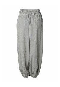 Pantalon ample à rayures verticales noires et blanches, taille élastique et bas élastiques aux chevilles.