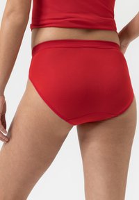 Červené bavlněné trenýrky s vysokým pasem. Hladká textura, elastický pas a žádné viditelné vzory či kovové prvky.