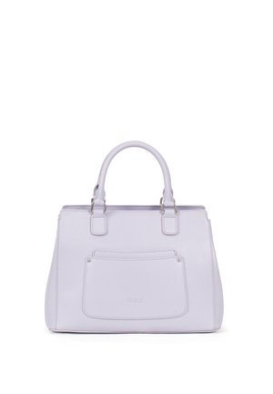 Sac à main structuré lavande avec doubles poignées et poche avant, en cuir texturé avec garnitures argentées.