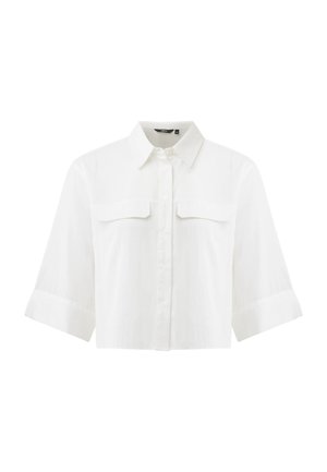 Biała krótka koszula na guziki z rękawami o długości do łokcia, podwójnymi kieszeniami na piersi z klapkami i szpiczastym kołnierzykiem.