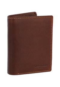 Braune Leder-Bifold-Geldbörse mit kontrastierenden Nähten und geprägtendem Logo an der vorderen Ecke, auf weißem Hintergrund stehend.