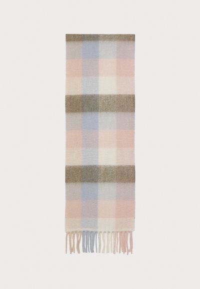 Karierter Schal in Pastellfarben in verschiedenen Schattierungen von Rosa, Blau und Beige, mit fransigen Kanten und horizontalen Streifen.