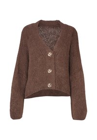 Brauner Strickcardigan mit V-Ausschnitt, langen Ärmeln und vier dekorativen Knöpfen. Die Textur ist weich und dick, mit einem offenen Strickdesign.