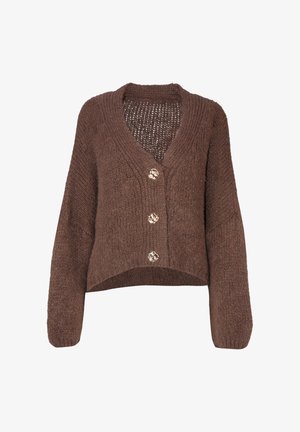 Brauner Strickcardigan mit V-Ausschnitt, langen Ärmeln und vier dekorativen Knöpfen. Die Textur ist weich und dick, mit einem offenen Strickdesign.