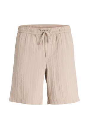 Beige teksturerte stoffshorts med elastisk midjebånd og snøring foran, knelang, avslappet stil.