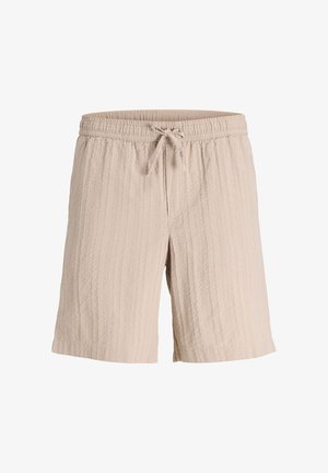 Beige teksturerte stoffshorts med elastisk midjebånd og snøring foran, knelang, avslappet stil.