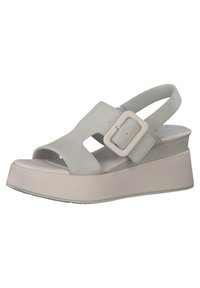Helle graue Keilsandalen mit offenen Zehen, ausgeschnittenem Design und einer großen Schnalle. Texturierte Sohle mit einem glatten Obermaterial und einem Slingback-Riemen.