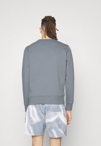 Sweatshirt gris avec un col rond, des manches longues et des poignets côtelés. Il présente une texture lisse et une coupe décontractée, porté avec un short bleu clair.