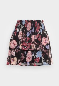 Saia floral preta com design em camadas, apresentando flores rosas e azuis. Feita de tecido leve, com uma cintura elástica para um melhor ajuste.
