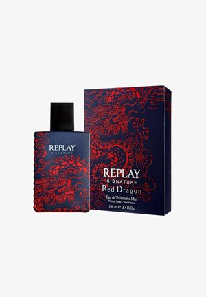 Replay Signature Red Dragon herre eau de toilette-flaske og æske med rød dragedesign på en mørkeblå baggrund, 100 ml.