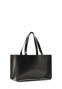 Crna kožna torba za nošenje na ramenu s dvije naramenice, pravokutnog je oblika i glatkog završetka, prikazana na bijeloj pozadini.