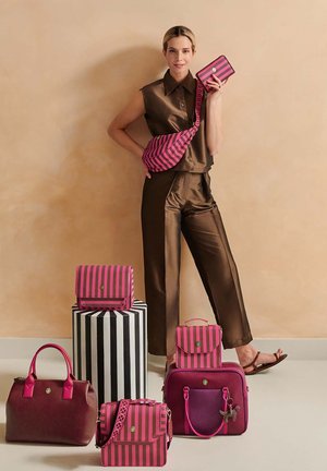 Rosa und schwarze gestreifte Taschen in verschiedenen Größen und Formen, darunter Schultertaschen und Handtaschen, präsentiert auf einem gestreiften Podest.